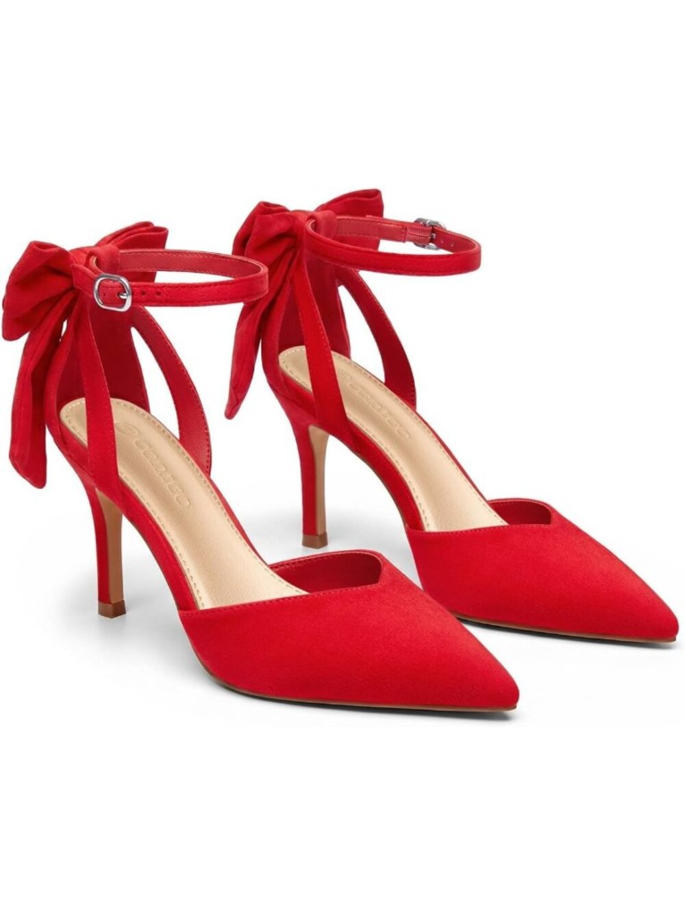 Chic Women's Kitten Heels, Closed Pointed Toe Pumps with Bow, Ankle Strap for